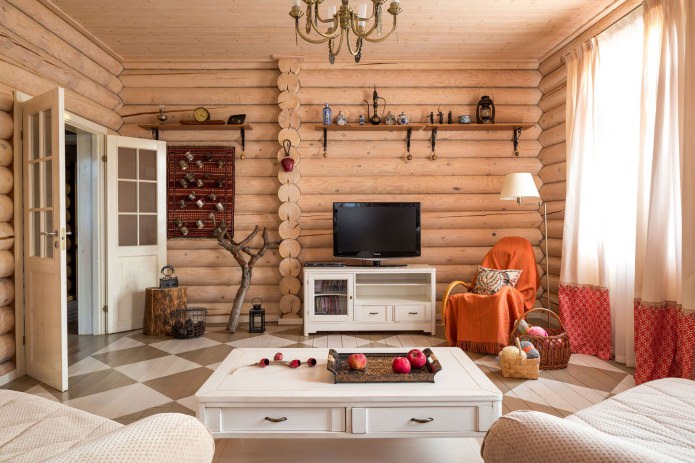 дизайн гостиной в деревянном доме из бревна